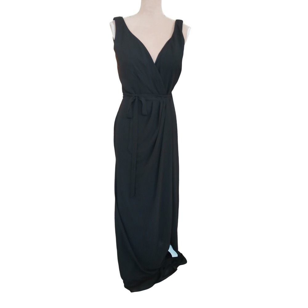 Morilee Madeline Gardner sz 12 Black Wrap V-Neck Sleeveless Maxi Dress FLAW